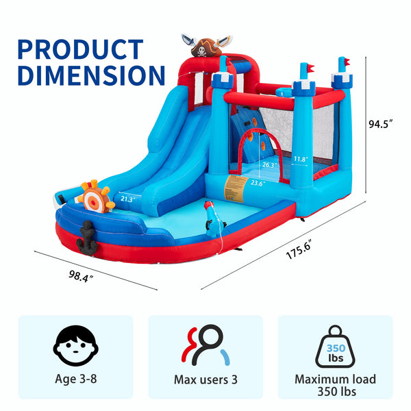 Allgoodsmarketstore Inflatable Bounce House, Bounce House with Water Slide for Kids 3-8, Water Slide Bounce House with a Pirate Ship Shape, Rock Climbing Wall, Trampoline, Water Gun Competition, Darts Game, Storage Bag, 480W Blower for Outdoor Backyard