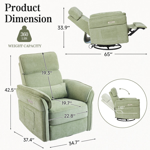 Allgoodsmarketstore Power Swivel Rocking Recliner Chair with Adjustable Headrest and Armrests for Living Room, Nursery, Green