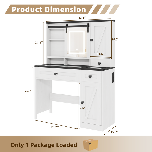 Allgoodsmarketstore Farmhouse Vanity Desk with Mirror, Lights and Jewelry Storage, Antique White