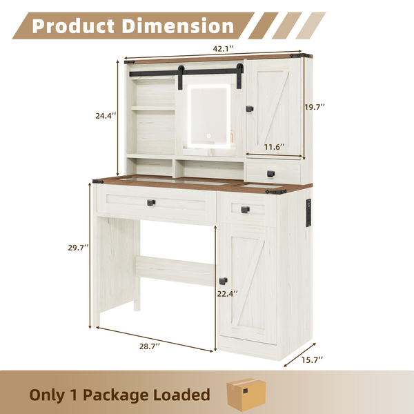 Allgoodsmarketstore  Farmhouse Vanity Desk with Mirror, Lights and Jewelry Storage, Rustic Farmhouse Style