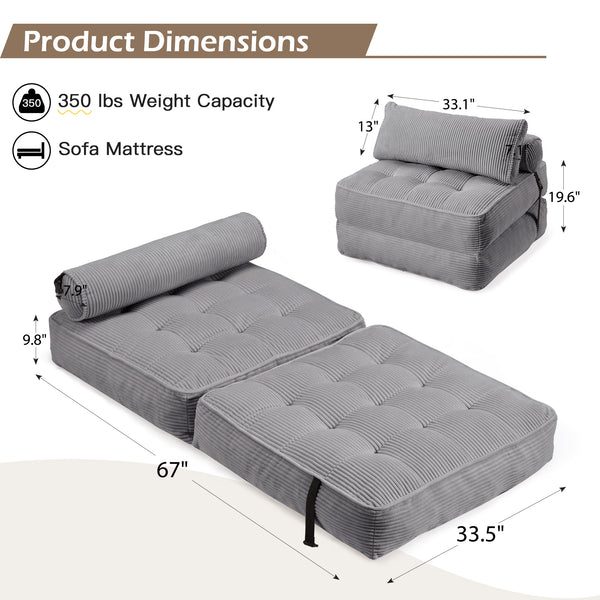 Allgoodsmarketstore Folding Out Chair Bed, Convertible Sofa Bed with 2 Pillows, Gray Blue