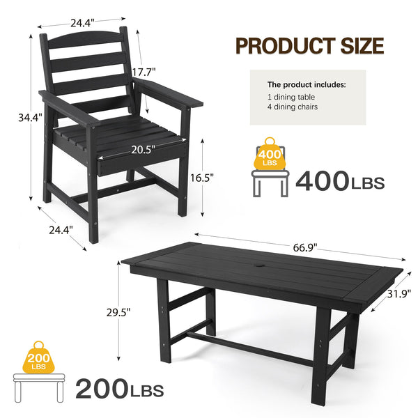 Allgoodsmarketstore HDPE Outdoor Patio Dining Table With Umbrella Hole, Black