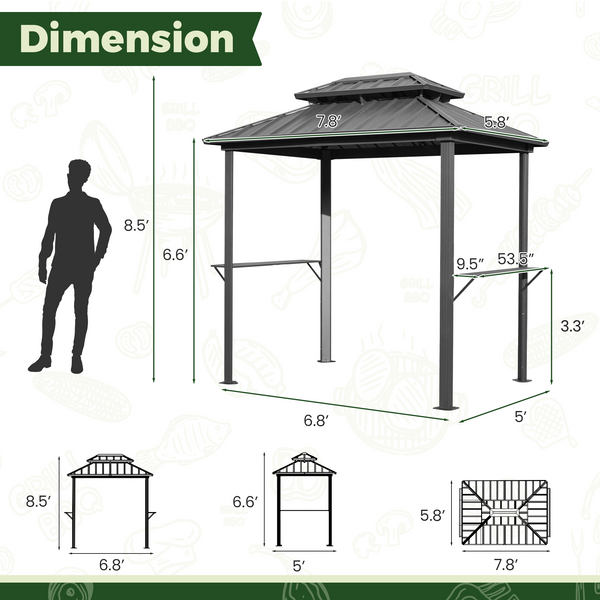 Allgoodsmarketstore 8x6 FT Outdoor Grill Gazebo with Double Steel Roof & Shelves
