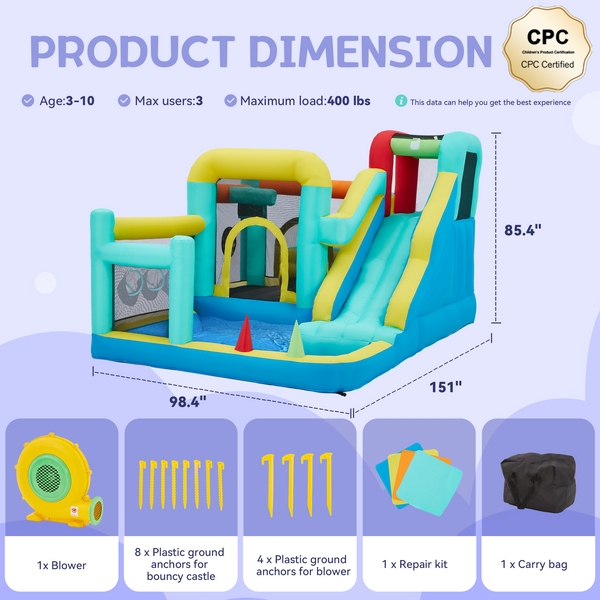 Allgoodsmarketstore Inflatable Trampoline Bouncy House with Blower, Jumping Castle with Water Slides for Kids Backyard,  Heavy Duty 840D Oxford Cloth Water Slide Outdoor Sports Dartboard Game for Kids 3-6
