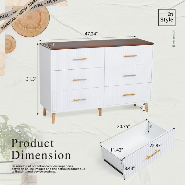 Allgoodsmarketstore 6 Drawer Dresser Modern Dresser Chest of Drawers with Fluted Panel for Bedroom,Living Room and Hallway, White