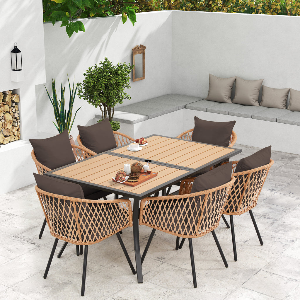 Allgoodsmarketstore 7-Piece Outdoor Dining Set – Rectangular Table with Umbrella Hole & 6 Rattan Chairs, Brown