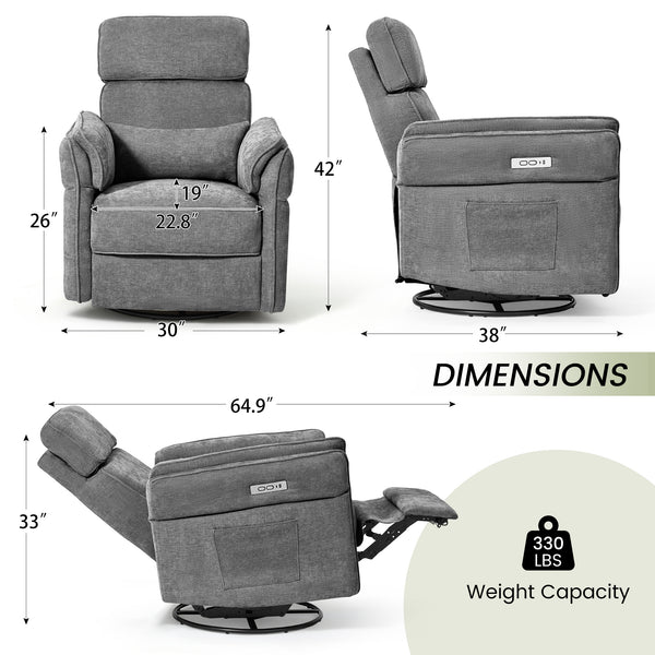 Allgoodsmarketstore Power Swivel Rocking Recliner Chair with Adjustable Headrest and Armrests for Living Room, Nursery, Gray