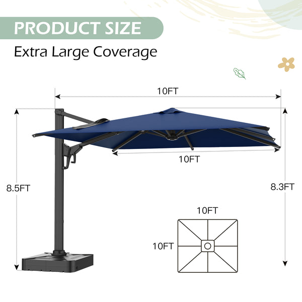 Allgoodsmarketstore 10x10ft Large Rectangular Cantilever Umbrella with 360° Rotation & 6 Adjustable Heights, Navy (Base Excluded)