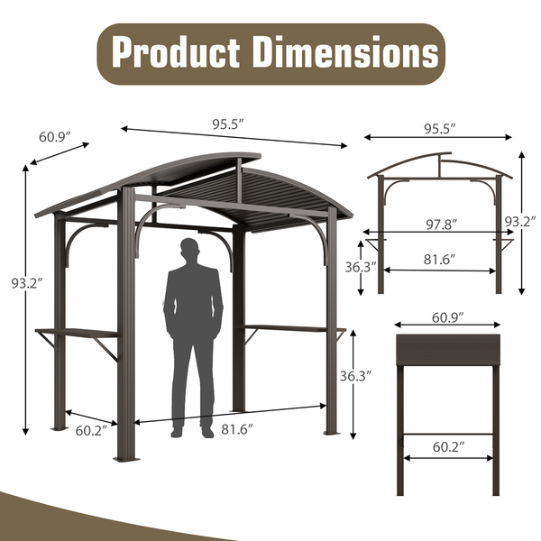 Allgoodsmarketstore 8' x 5' Hardtop Grill Gazebo, Outdoor BBQ Gazebo with 2 Side Shelves, Bottle Opener and Curved Galvanized Steel Roof, Brown