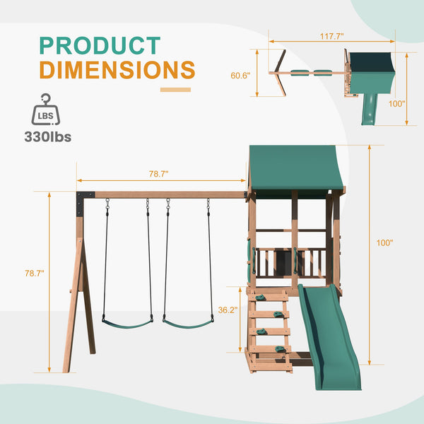 Allgoodsmarketstore Swing Sets for Backyard, 4-in-1 Outdoor Swing Set with Slide, Climbing Rock Wall, and Soft Cushion Swings for Backyard Playground