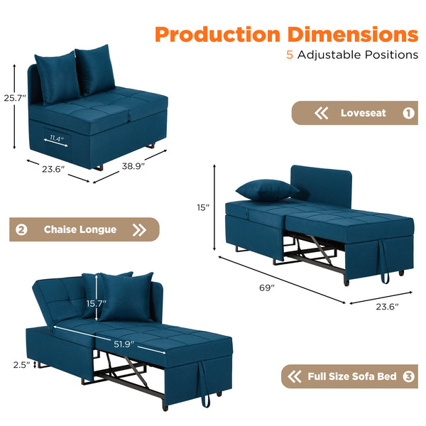 Allgoodsmarketstore 3 IN 1 Futon Sofa Bed Convertible Recliner Lounge for Living Room with Reclining Backrest, Linen, Peacock Blue