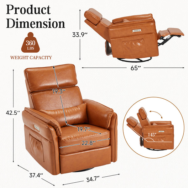 Allgoodsmarketstore Power Swivel Rocking Recliner Chair with Adjustable Headrest and Armrests, Brown