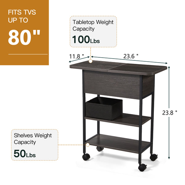 Allgoodsmarketstore Multi-Functional Flip Side Table, 360° Swivel Wheels & Storage Shelf for Living Room/Bedroom, Rustic Brown Wood End Table, Gray