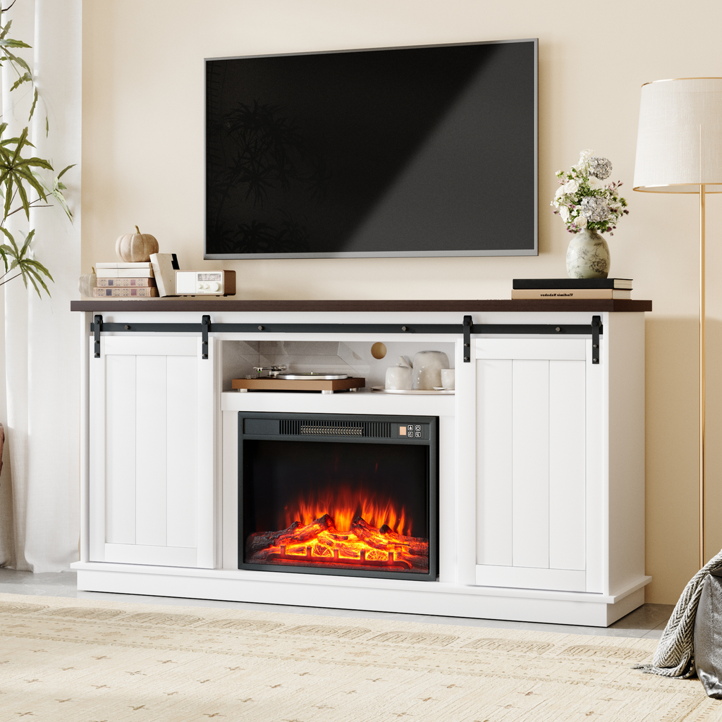 Allgoodsmarketstore Fireplace TV Stand for 70 Inch TV, Entertainment Center with Storage Cabinets and Sliding Barn Doors, Bright White