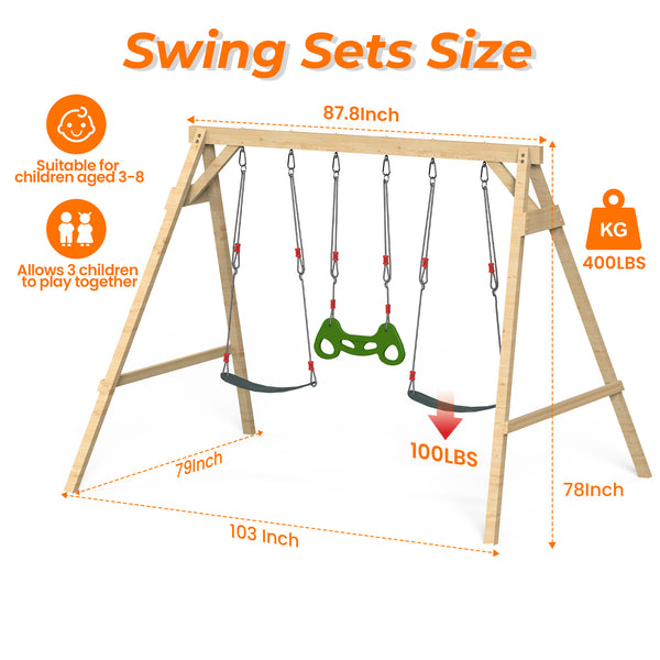Allgoodsmarketstore Wooden Swing Sets for Backyard with 2 Belt Swings and Trapeze Bar, Outdoor Playset for Kids, Backyard Discovery Wooden Swing Set