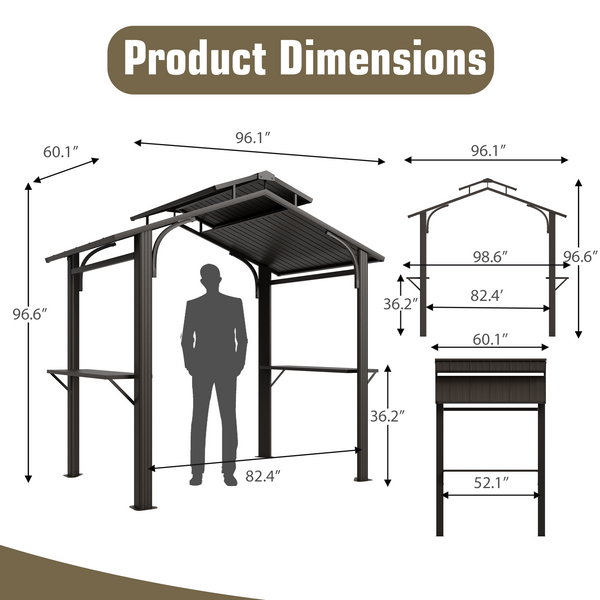 Allgoodsmarketstore 8' x 5' Hardtop Grill Gazebo with 2 Side Shelves, Bottle Opener, and Galvanized Steel Double Roof, Brown