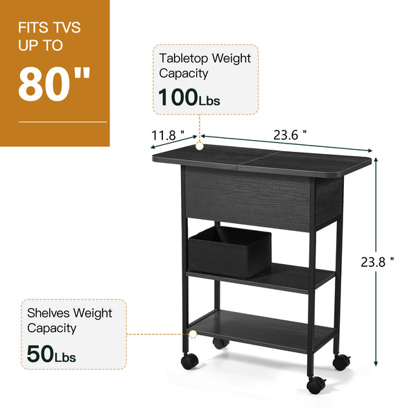 Allgoodsmarketstore Multi-Functional Flip Side Table, 360° Swivel Wheels & Storage Shelf for Living Room/Bedroom, Rustic Brown Wood End Table, Black