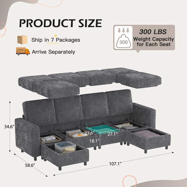 Allgoodsmarketstore 6  Piece Modular Sectional Couch with Storage, 4 Single Seats, 2 ottomans, Dark Gray