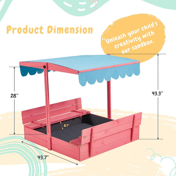 Allgoodsmarketstore Kids Sandbox with Cover, Wooden with Height Adjustable Roof,for Aged 3-8, for Backyard, Beach, Lawn, Pink