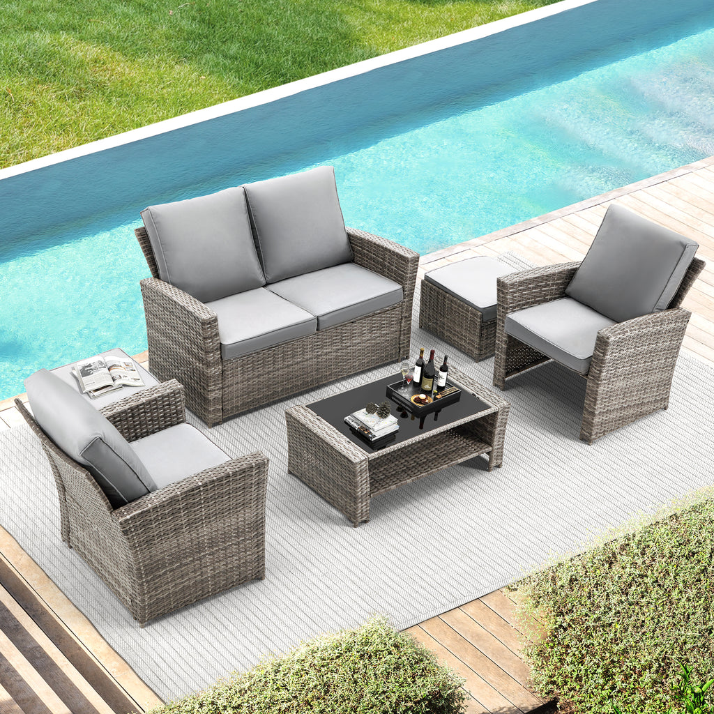 Allgoodsmarketstore 6 Pcs Patio Furniture Set with Ottoman and Storage Table, Dark Gray