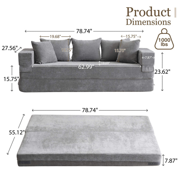 Allgoodsmarketstore 4-in-1 Folding Sofa Bed Queen, Chenille Sleeper Couch with Armrest & Pillows, Gray