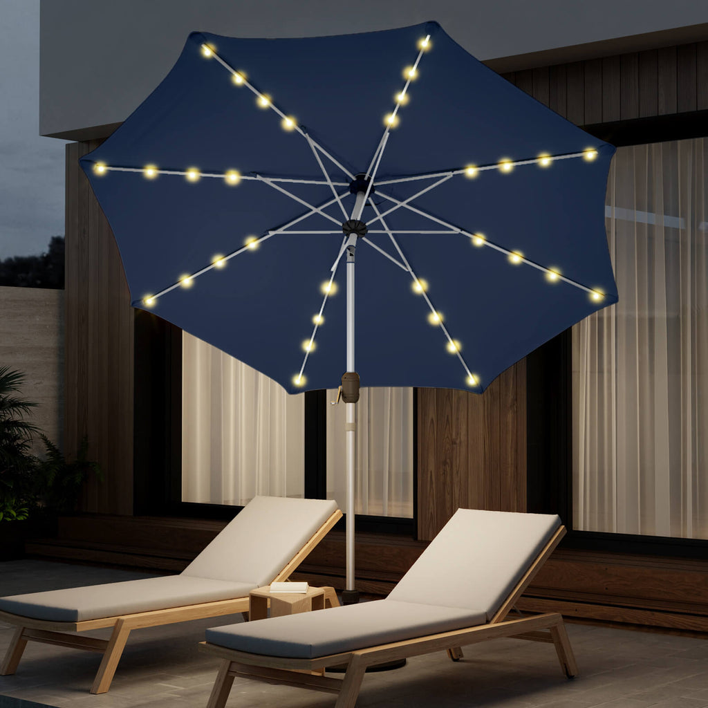 Allgoodsmarketstore 10FT Solar Lighted Patio Umbrella, Fade-Resistant Outdoor Umbrella with Tilt, 8 Aluminum Ribs Navy Blue