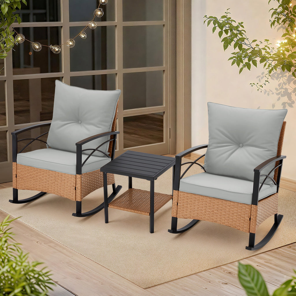 Allgoodsmarketstore 3-Piece Bistro Set: Outdoor Rattan Rocking Chairs with Cushions and Coffee Table