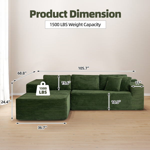 Allgoodsmarketstore 106 inch Cloud Sectional Couch with Chaise Lounge for Living Room Bedroom Apartment, Corduroy Fabric, Green