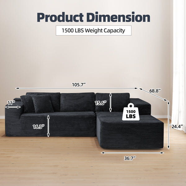 Allgoodsmarketstore 106 inch Cloud Sectional Couch with Chaise Lounge for Living Room, Corduroy Fabric, Black