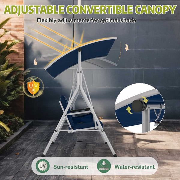 Allgoodsmarketstore 2 Seat Outdoor Porch Swing with Adjustable Canopy, Navy Blue