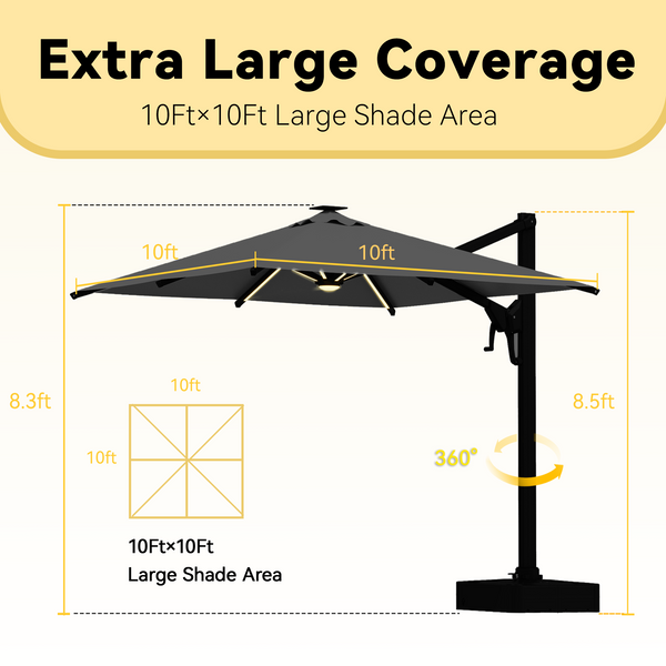 Allgoodsmarketstore 10 X 10 Outdoor Weather-resistant Umbrella with LED Lighting(Base Excluded) - Gray