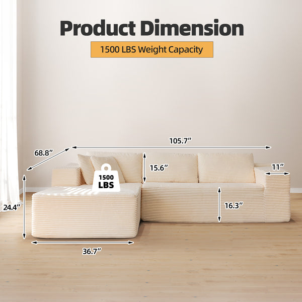 Allgoodsmarketstore 106 inch Cloud Sectional Couch with Chaise Lounge for Living Room Bedroom Apartment, Corduroy Fabric, Beige