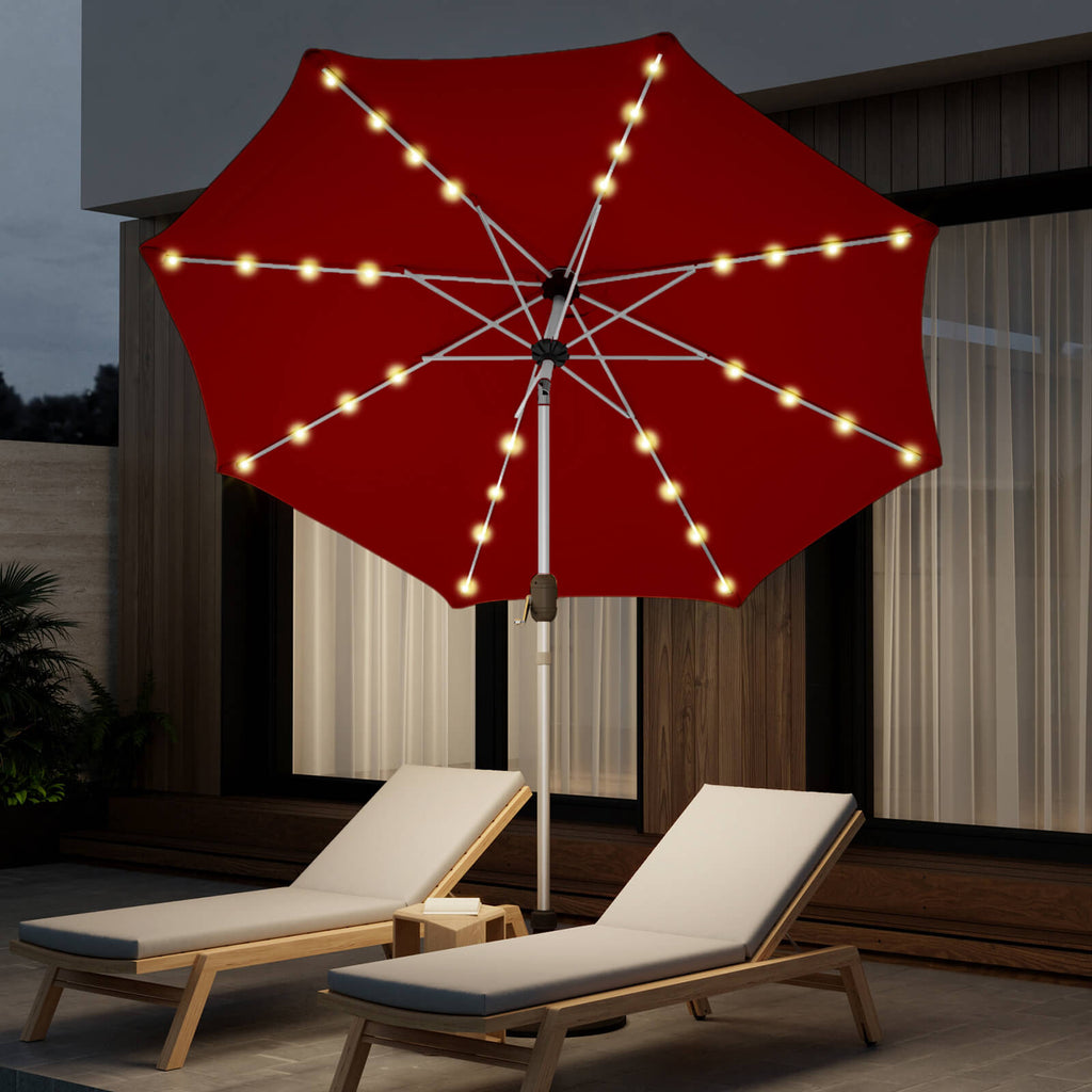 Allgoodsmarketstore 9FT Solar Patio Umbrella, Fade-Resistant Outdoor Market Umbrella with Tilt, 8 Aluminum Ribs for Gardens,Burgundy