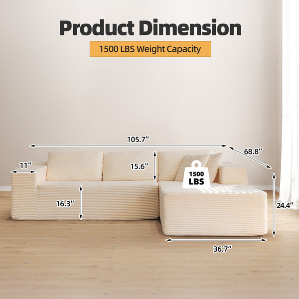 Allgoodsmarketstore 106 inch Cloud Sectional Couch with Chaise Lounge for Living Room, Corduroy Fabric, Beige