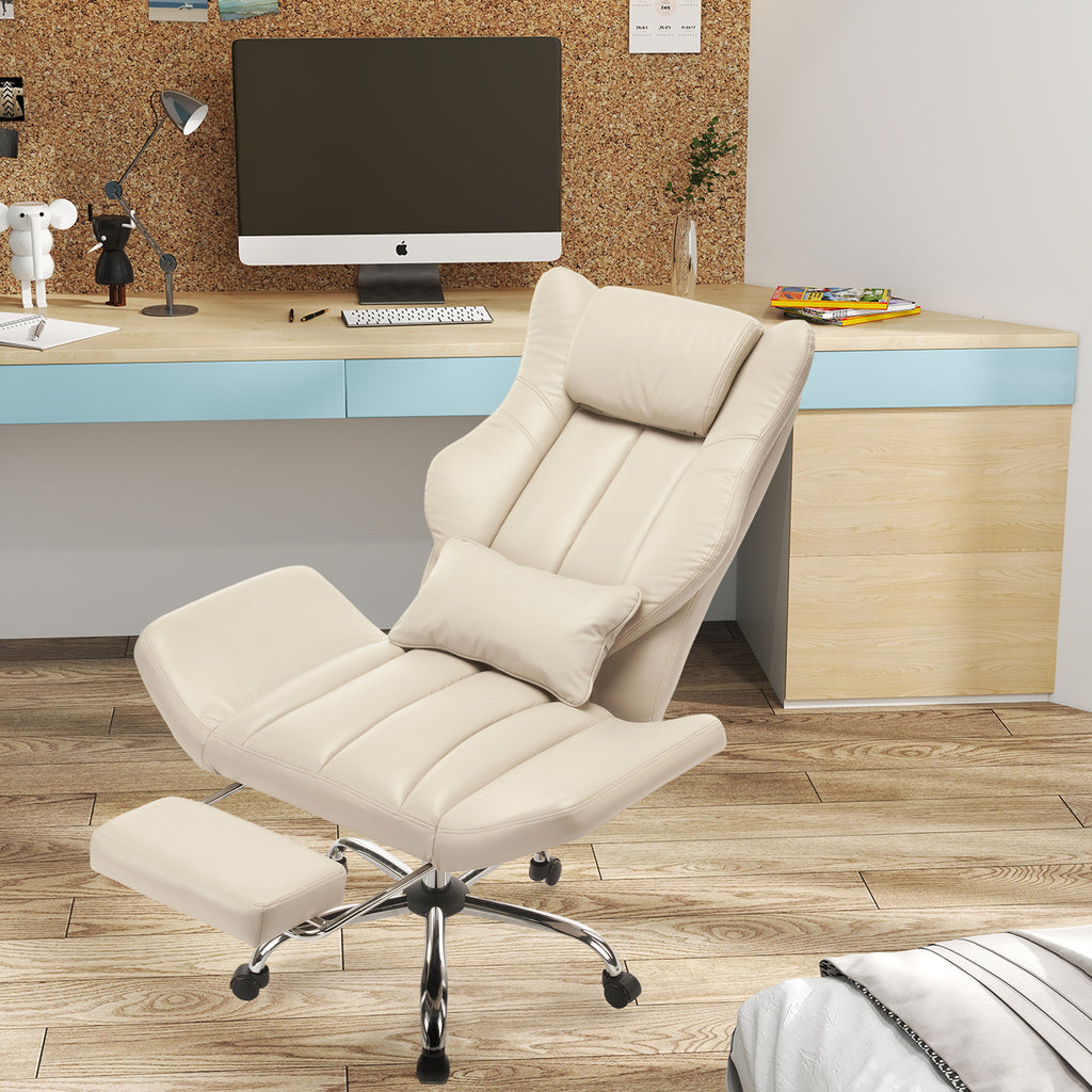 Allgoodsmarketstore Ergonomic Home Office Chair with Flip-Up Armrests, 135° Reclining Computer Desk Chair, Nappa PU Leather, Beige