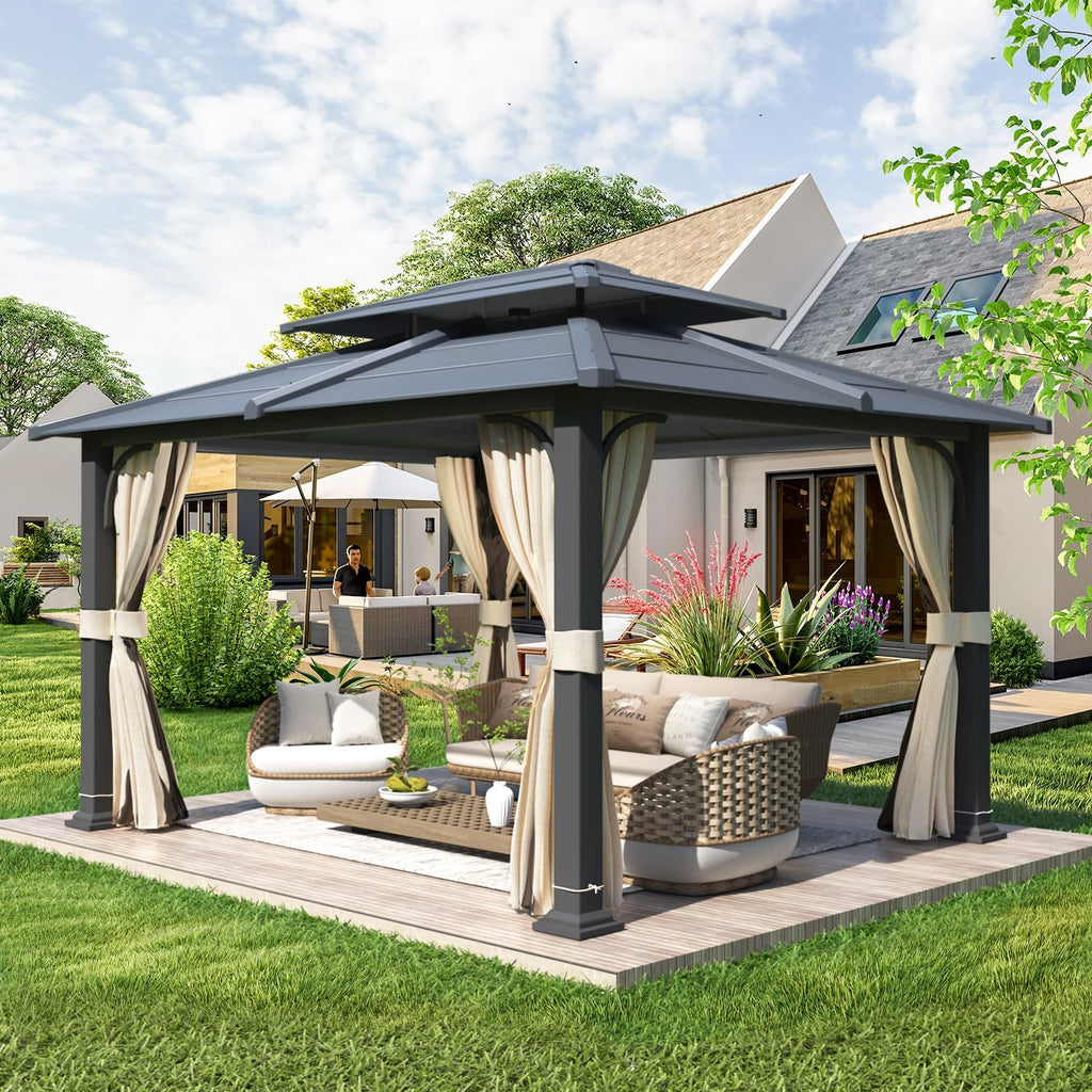 Allgoodsmarketstore 12' x 14' Hardtop Gazebo Outdoor Double Roof with Curtains and Netting,  Anti-Rust Coating Frame