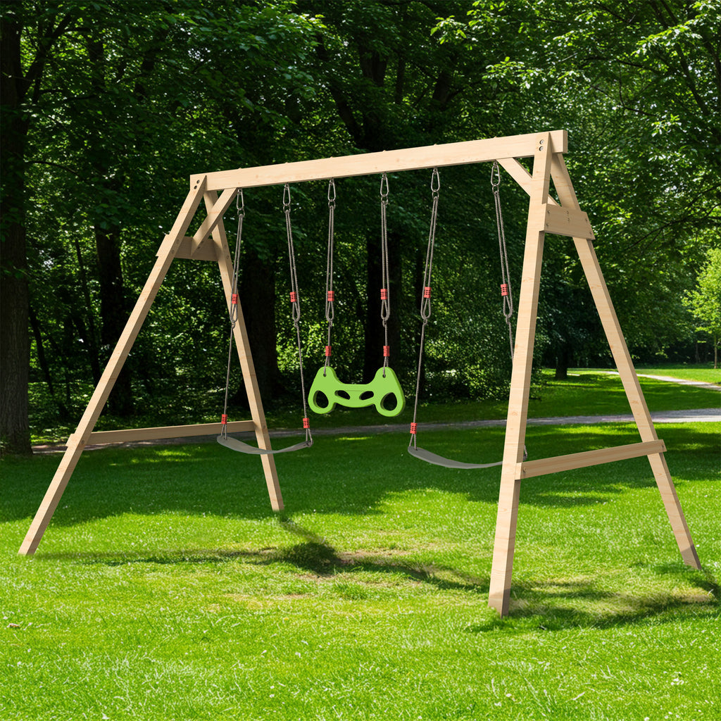 Allgoodsmarketstore Wooden Swing Sets for Backyard with 2 Belt Swings and Trapeze Bar, Outdoor Playset for Kids, Backyard Discovery Wooden Swing Set
