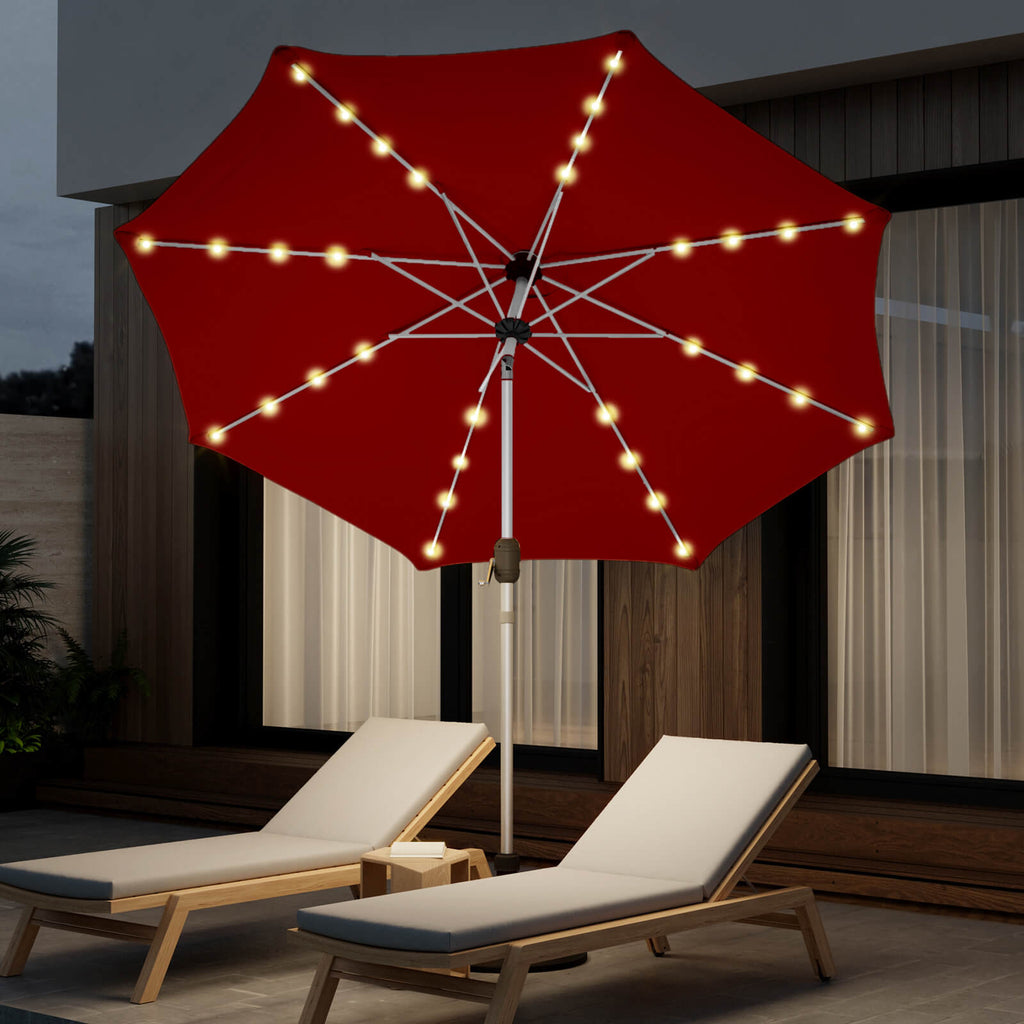Allgoodsmarketstore 10FT Solar Lighted Patio Umbrella, Fade-Resistant Outdoor Umbrella with Tilt, 8 Aluminum Ribs Burgundy