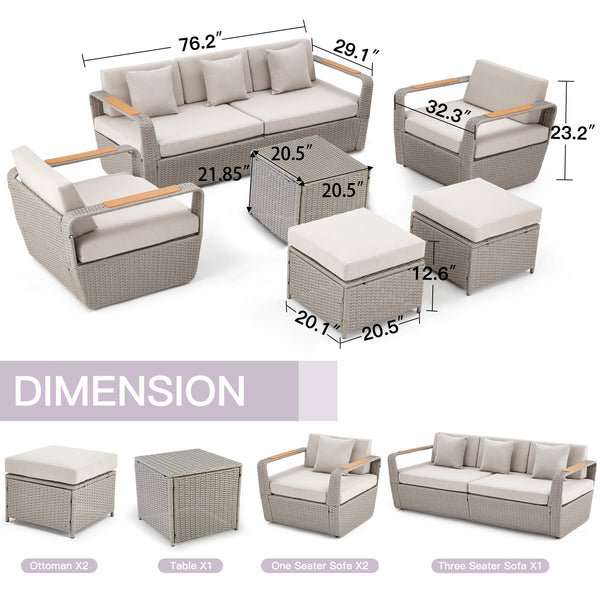 Allgoodsmarketstore 6 Pcs Patio Furniture Set with Thick Cushion and Coffee Table, Light Gray