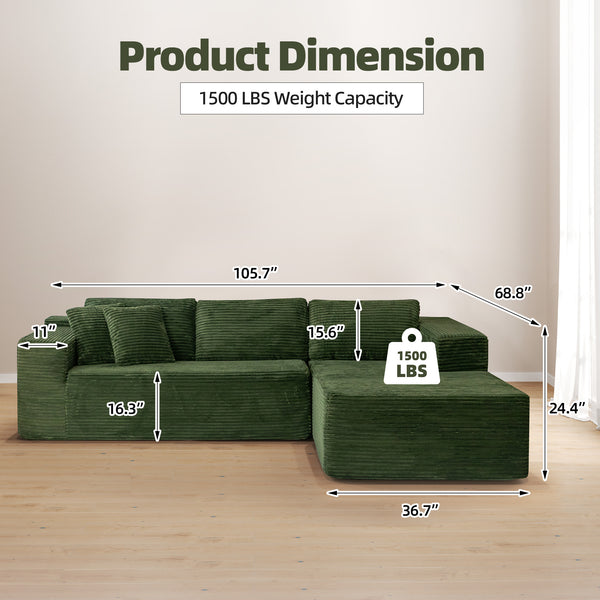 Allgoodsmarketstore 106 inch Cloud Sectional Couch with Chaise Lounge for Living Room, Corduroy Fabric, Green