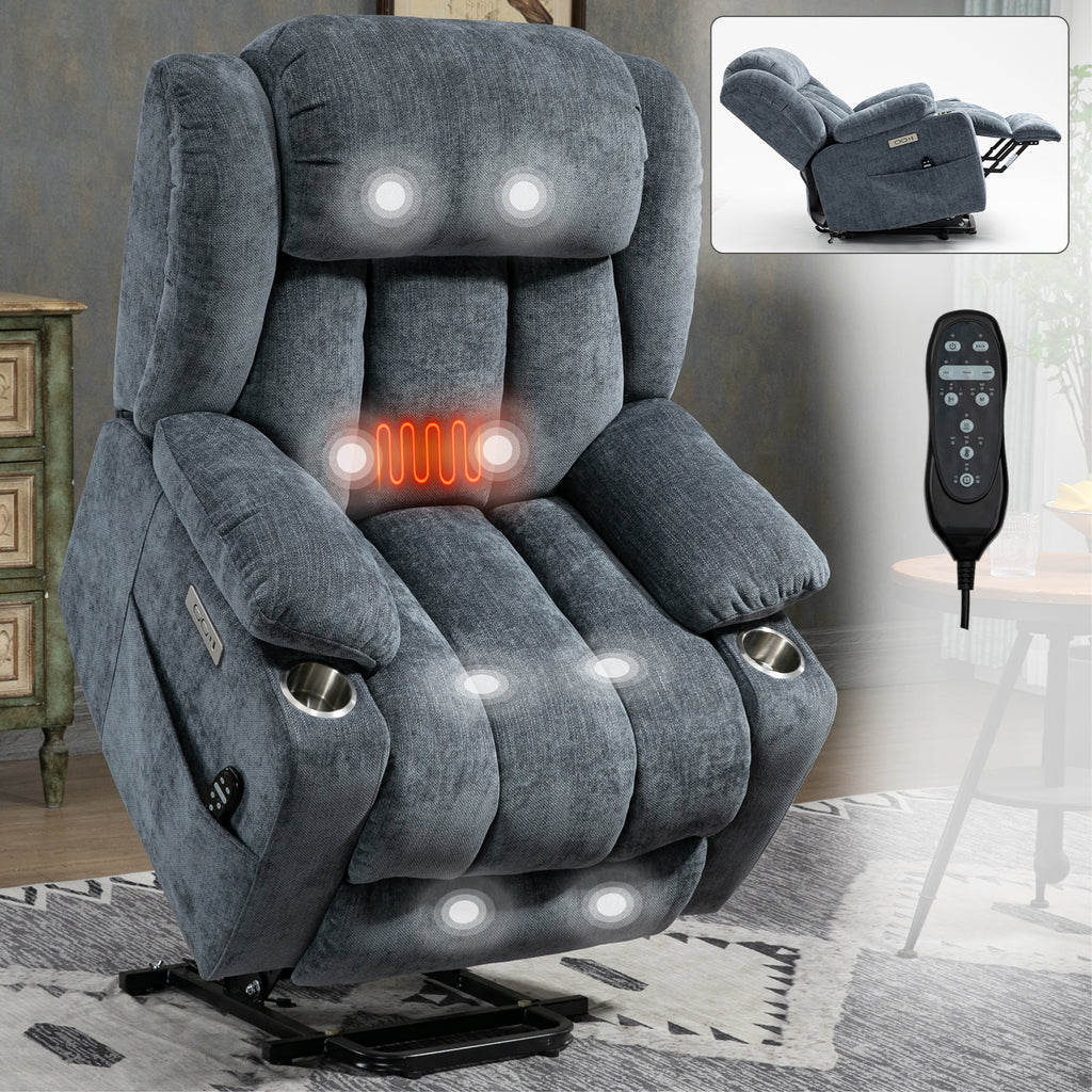 Allgoodsmarketstore Premium Electric Recliner Chair with 8-Point Massage & Heating, Plush Chenille Fabric, Gray Blue