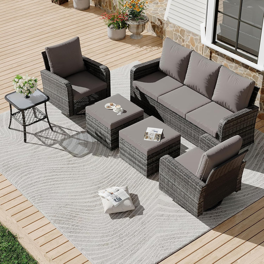Allgoodsmarketstore 6 Piece Patio Conversation Sets with Sofa Couch, Rattan Wicker Swivel Chairs with 2 Ottoman, Coffee Table & Cushions, Grey