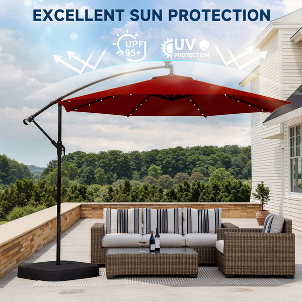 Allgoodsmarketstore 10ft Solar Lighted Patio Umbrella with Base, Outdoor Cantilever Umbrella, Infinite Tilt, Burgundy