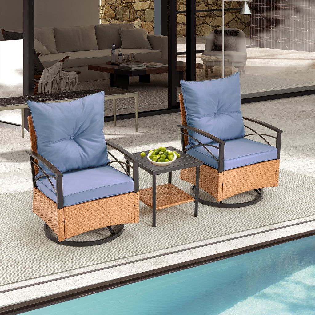 Allgoodsmarketstore 3-Piece Patio Swivel Rocker Set with Rattan Coffee Table, Blue