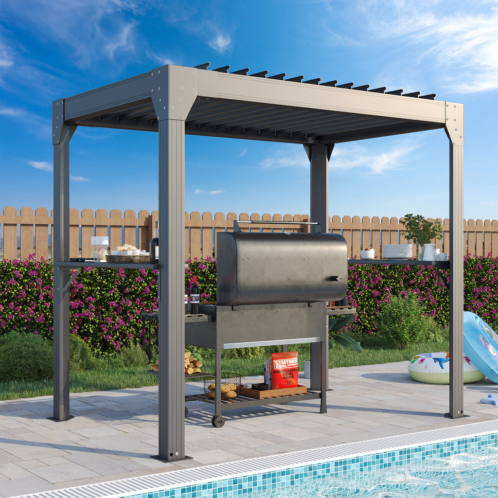 Allgoodsmarketstore 8' x 5' Louvered-Top Aluminum BBQ Grill Gazebo with Gutter & Side Shelves