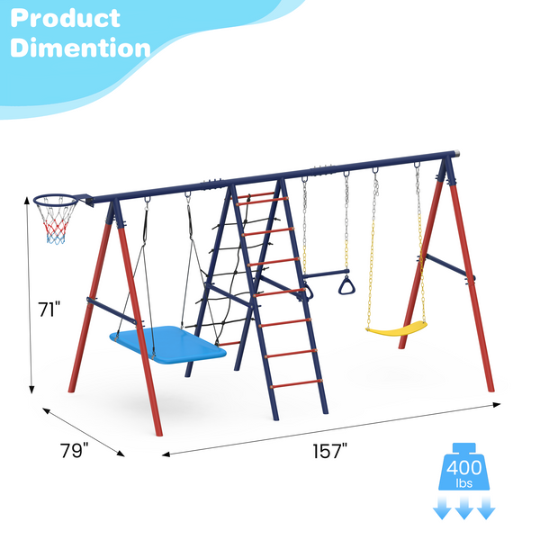 Allgoodsmarketstore 5 in 1 Lifetime Swing Set for Backyard, Heavy Duty Kids Playground with Square Swing, Belt Swing, Climbing Ladder, Basketball Hoop & Hanging Rings, Outdoor Playset Holds Up to 440 lbs