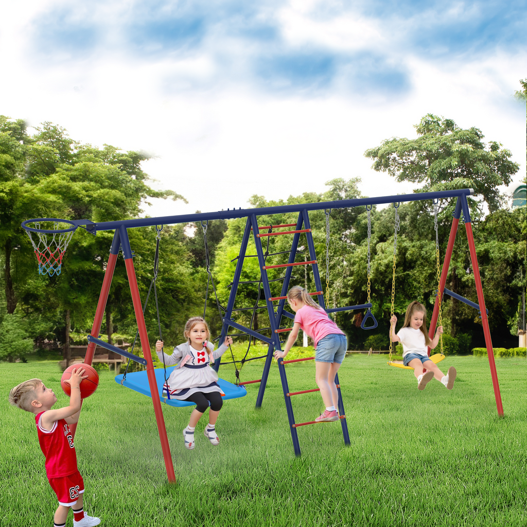 Allgoodsmarketstore 5 in 1 Lifetime Swing Set for Backyard, Heavy Duty Kids Playground with Square Swing, Belt Swing, Climbing Ladder, Basketball Hoop & Hanging Rings, Outdoor Playset Holds Up to 440 lbs