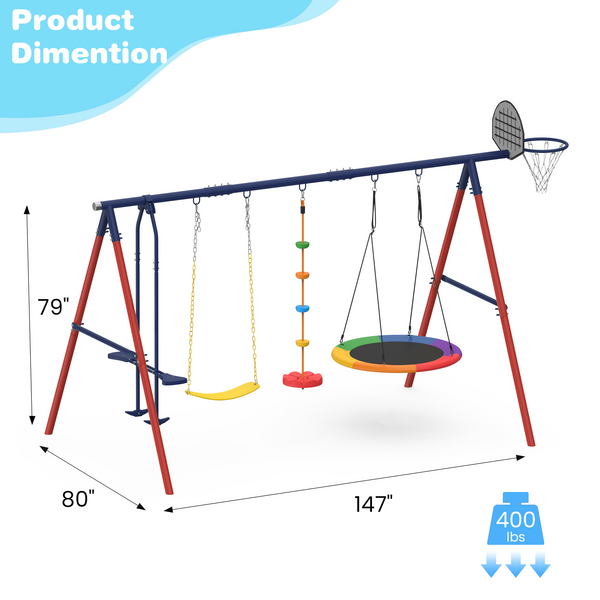 Allgoodsmarketstore 5 in 1 Lifetime Swing Set for Backyard, Heavy Duty Kids Playground with Saucer Swing, Belt Swing, Seesaw, Basketball Hoop &  Rope Swing, Outdoor Playset Holds Up to 440 lbs