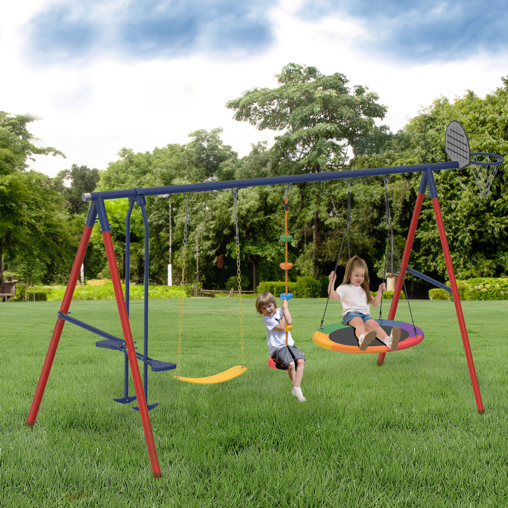 Allgoodsmarketstore 5 in 1 Lifetime Swing Set for Backyard, Heavy Duty Kids Playground with Saucer Swing, Belt Swing, Seesaw, Basketball Hoop &  Rope Swing, Outdoor Playset Holds Up to 440 lbs