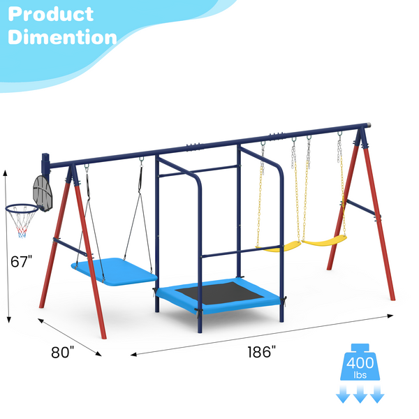 Allgoodsmarketstore 5 in 1 Lifetime Swing Set for Backyard, Heavy Duty Metal Kids Playground with Trampoline, Saucer Swing, Belt Swings & Basketball Hoop, Outdoor Playset Holds Up to 440 lbs